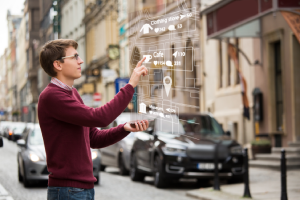 Traveler using apps through phone